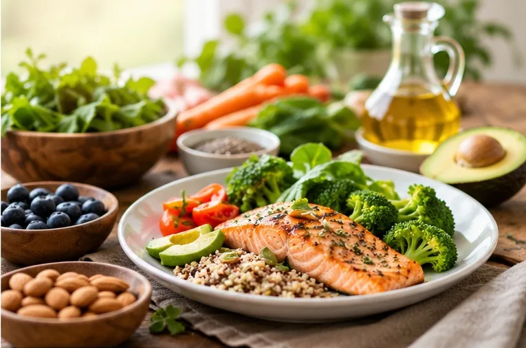 Plate of salmon, quinoa, avocado and vegetables — nourishing food that supports the whole body, including skin