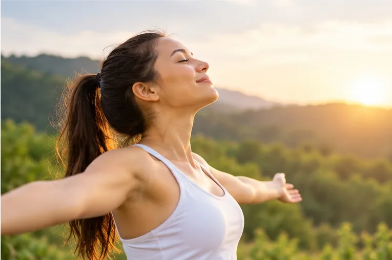Woman outdoors with arms open to sunlight — everyday life, movement, and time spent outside