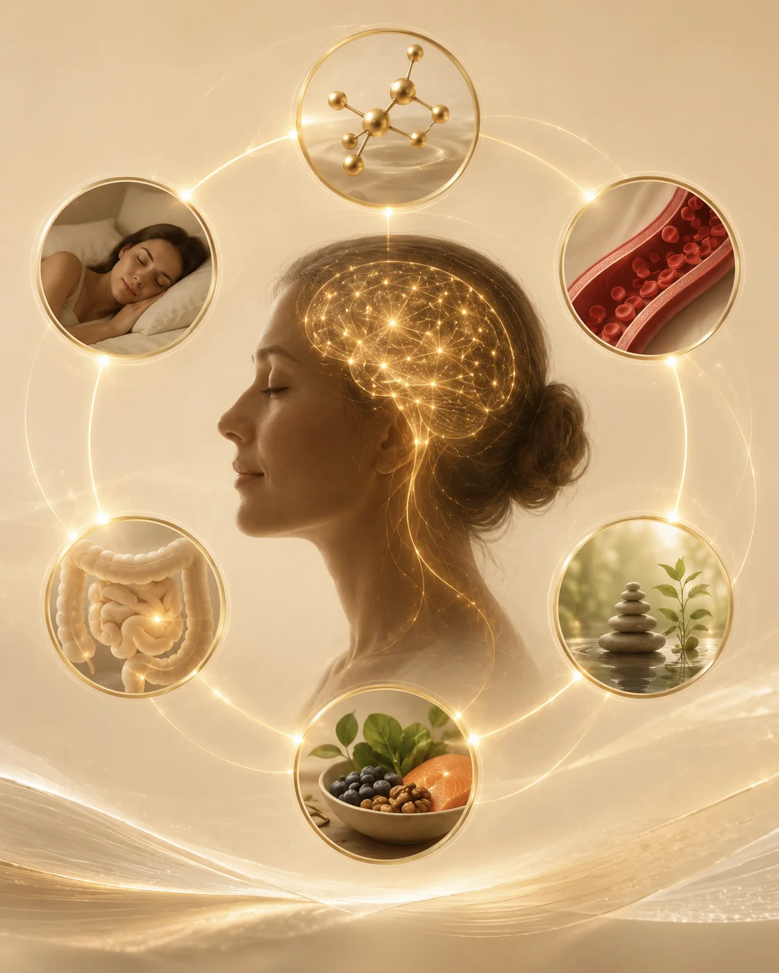 Brain at the center of connected systems—hormones, vascular health, gut, nutrients, sleep, and stress