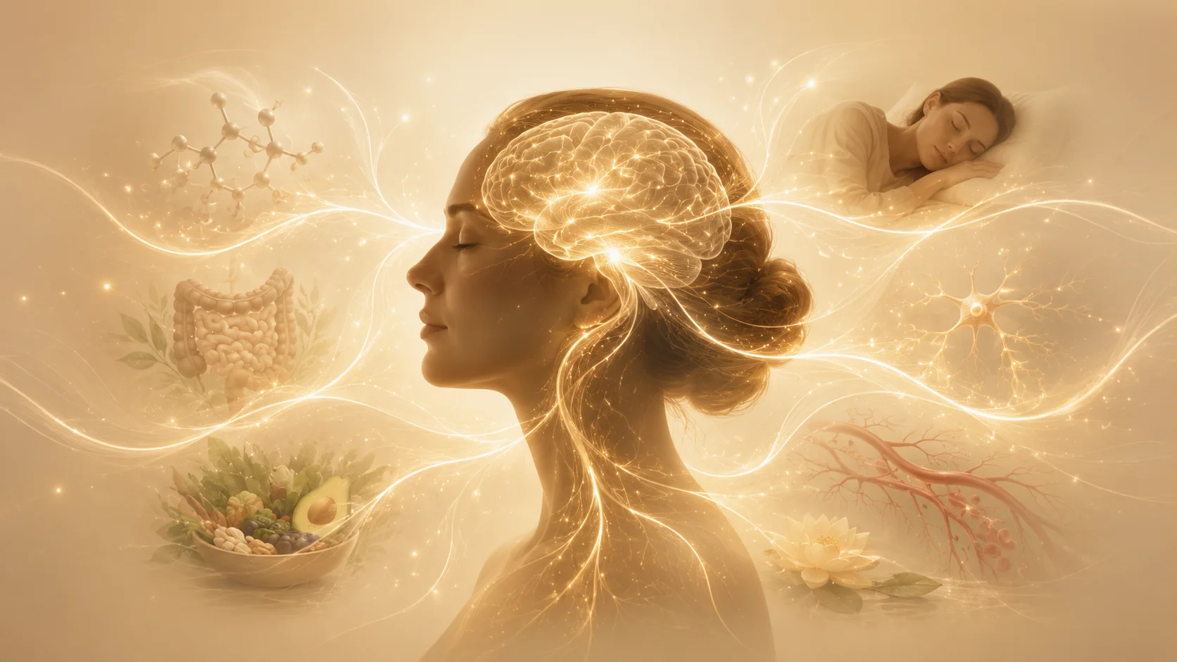 Glowing brain connected to sleep, gut, nutrition, vascular health, and calm—systems that shape how the mind feels