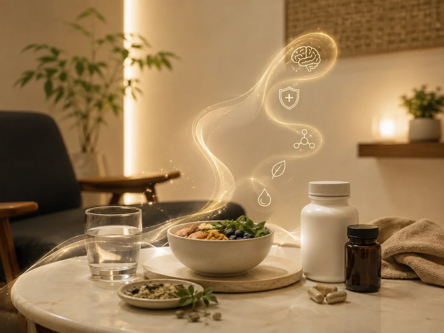 Nourishing meal with supplements and glowing icons for brain, immunity, and metabolism