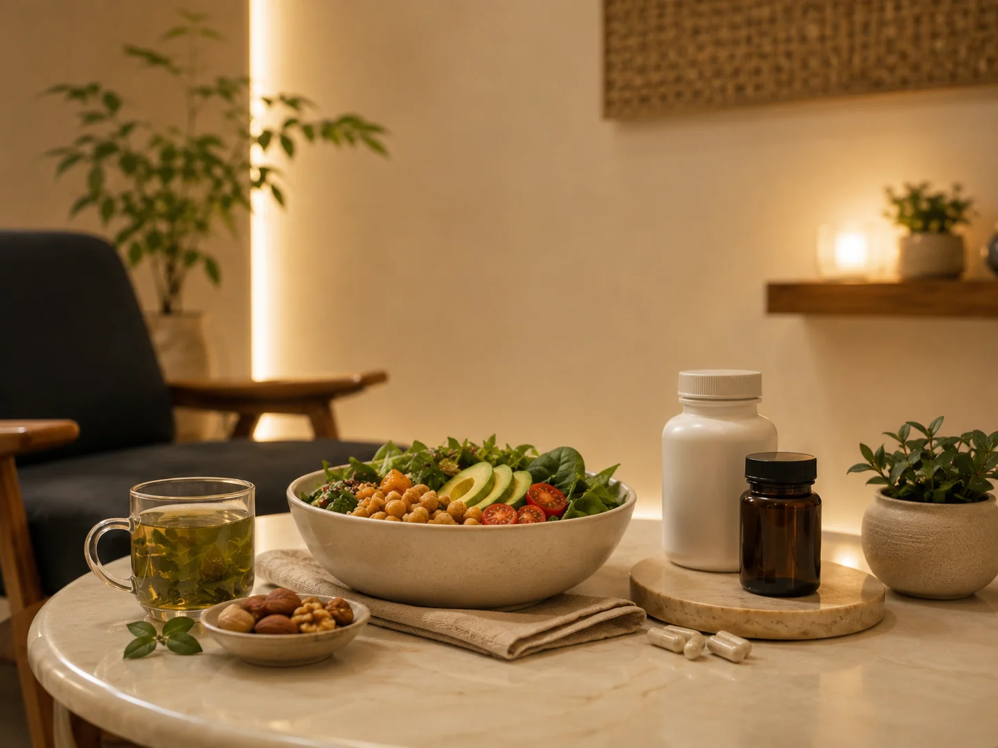 Fresh salad, green tea, nuts, and targeted supplements on a calm Arc Wellness table