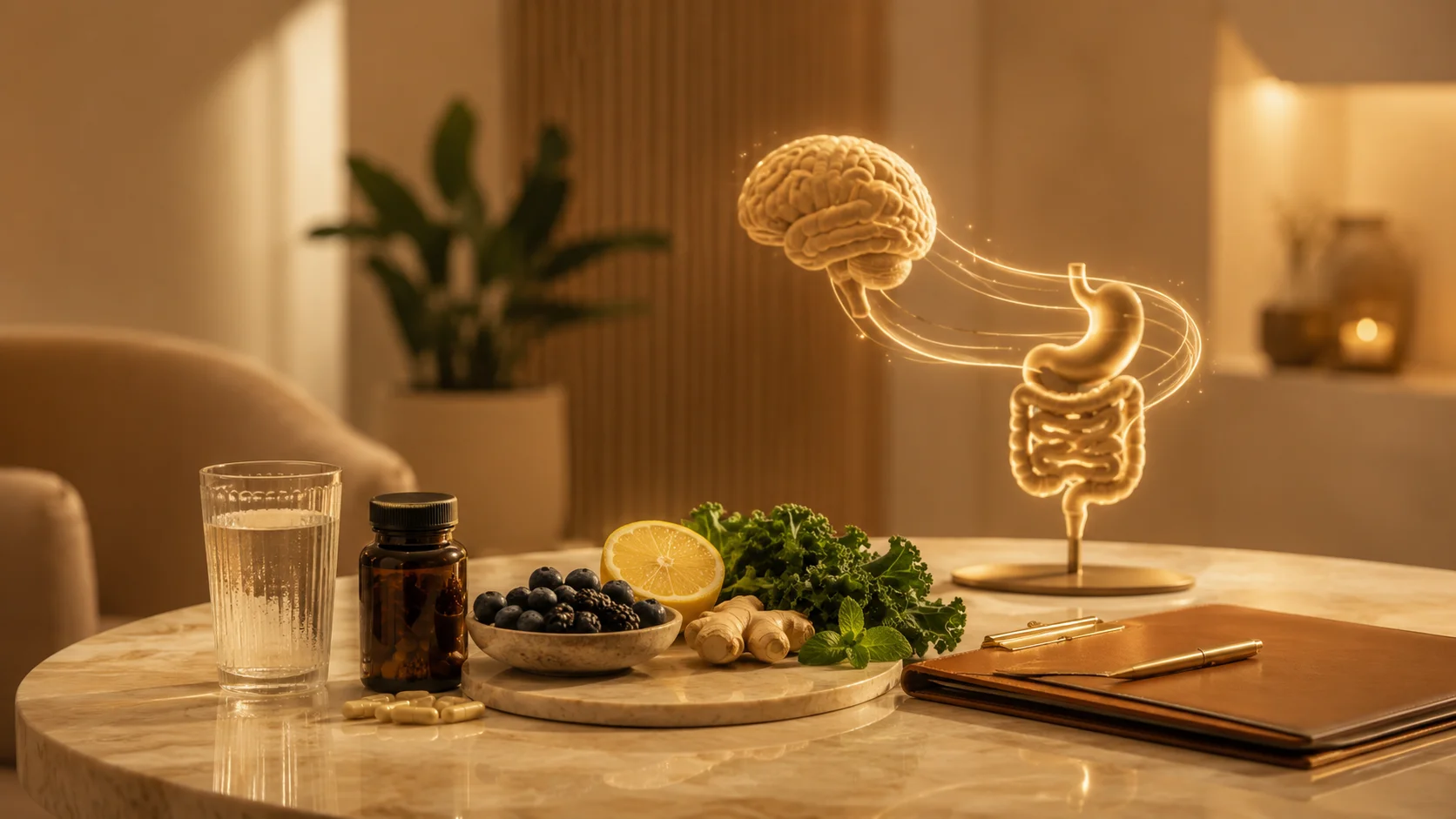 Gut-brain axis still life with berries, greens, ginger, supplements, and a glowing digestive-system model