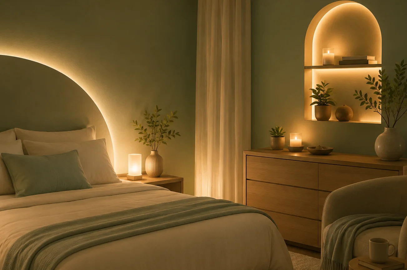 Calm ARC Wellness suite with warm arched lighting, bed, and seating