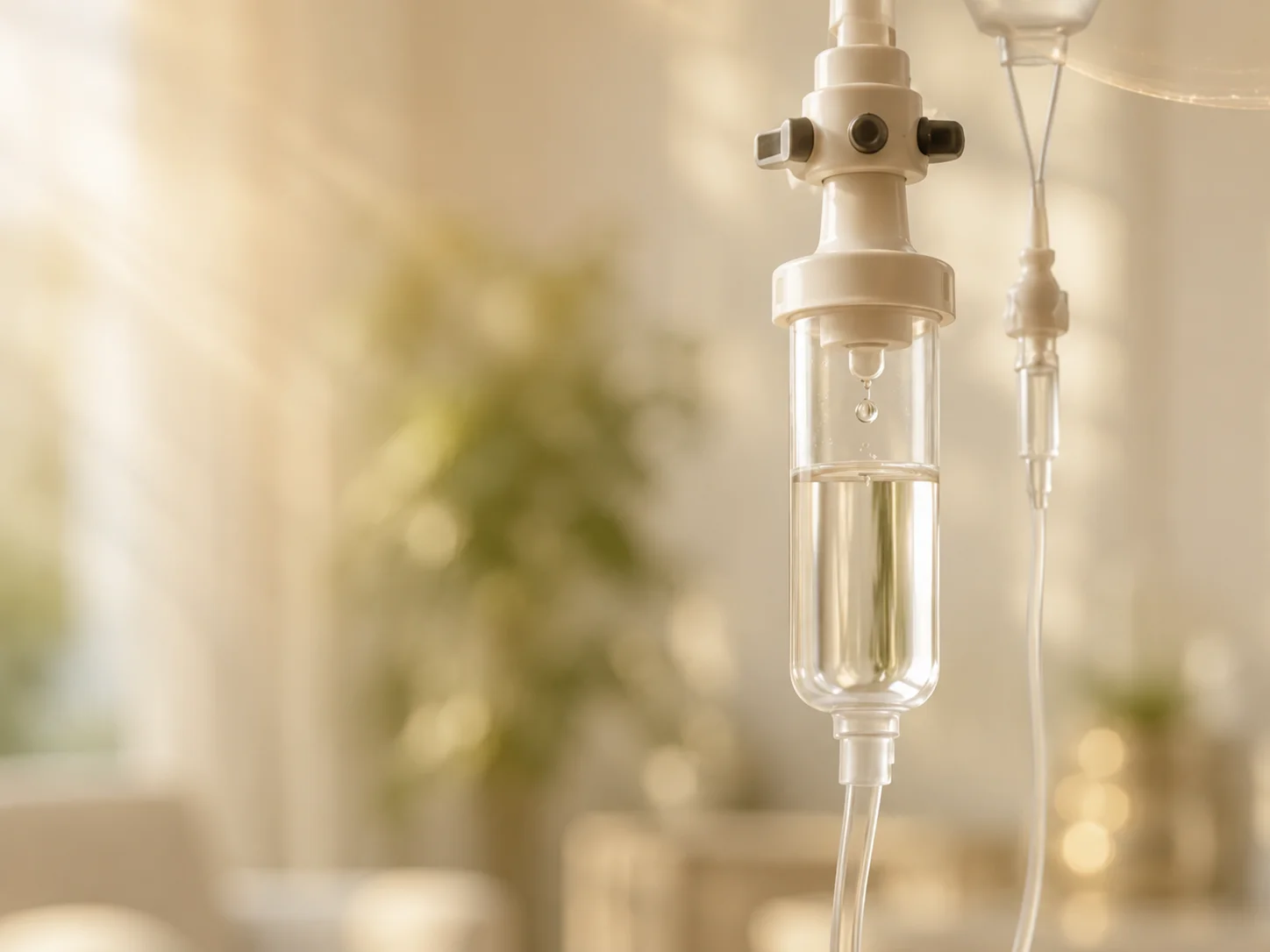 Close-up of an IV drip chamber delivering nutrients