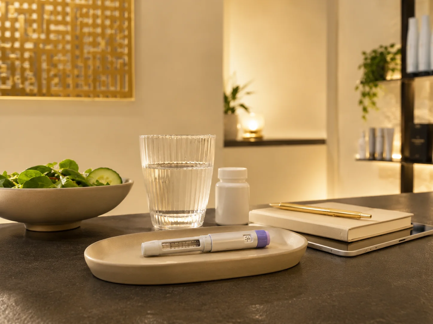 GLP-1 pen with nutrition, hydration, supplements, and a personalized plan
