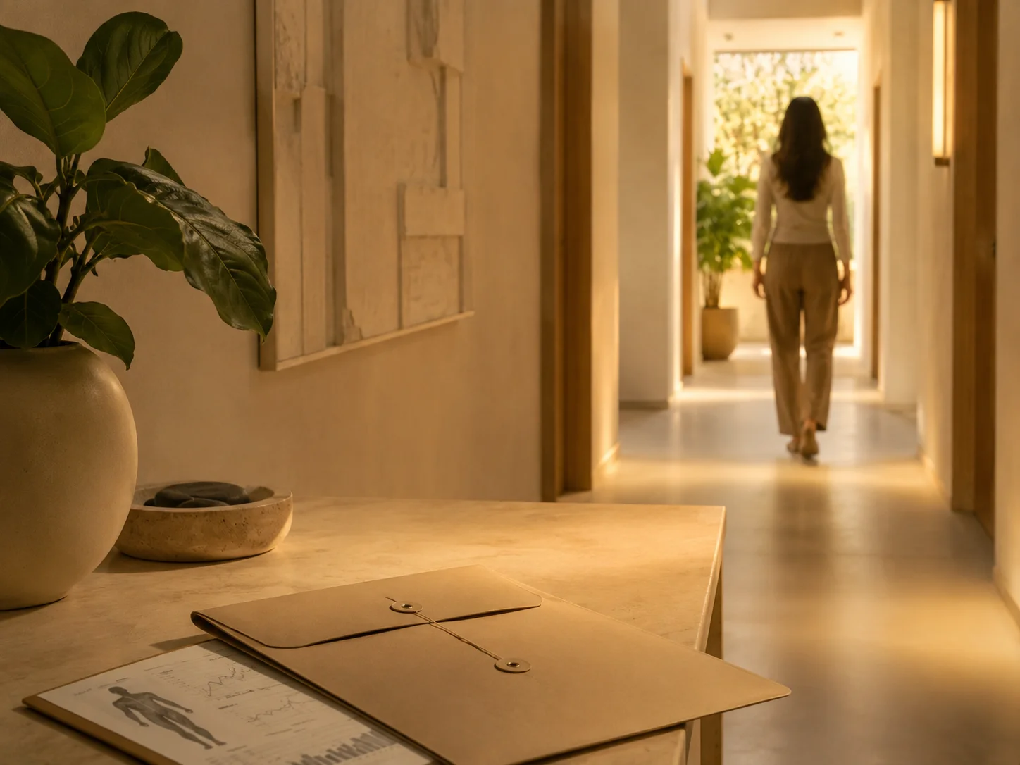 Personalized health plan on a desk as a patient walks toward bright daylight ahead