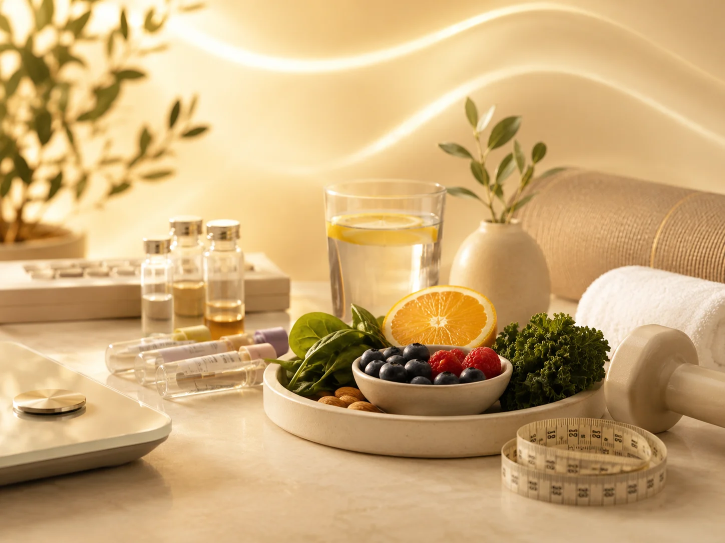 Metabolic wellness still life with berries, greens, hydration, vials, a scale, measuring tape, and strength tools in warm golden light