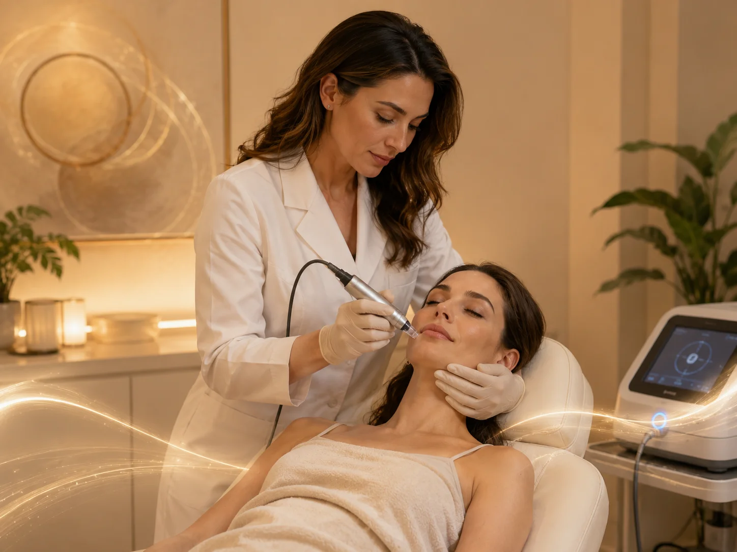 Provider customizing RF microneedling treatment to the patient's skin concerns