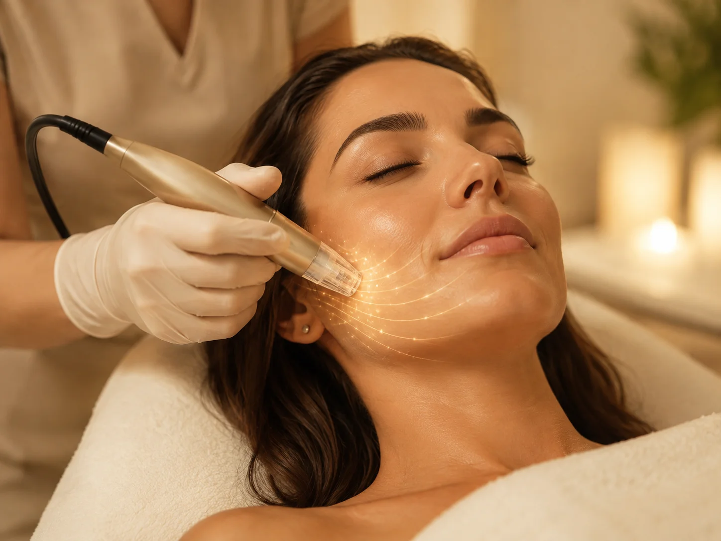 RF microneedling handpiece delivering energy into the cheek to stimulate collagen from within